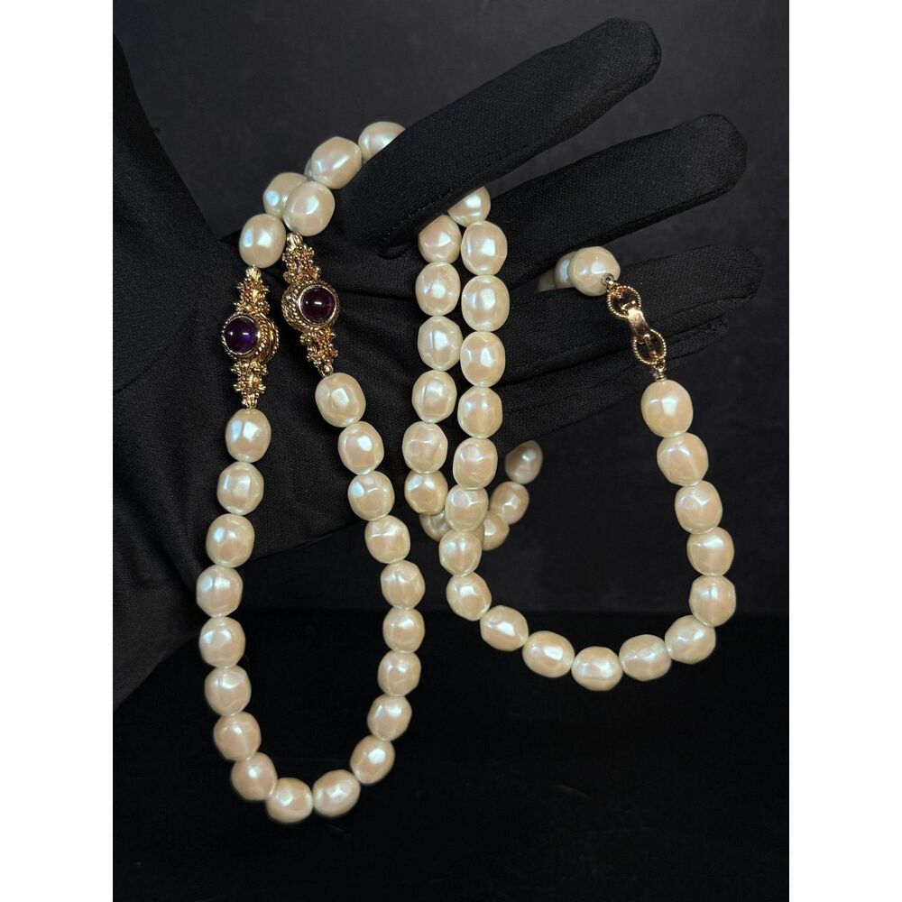 Givenchy Vintage Faux Pearl Necklace Gold Glass 35"